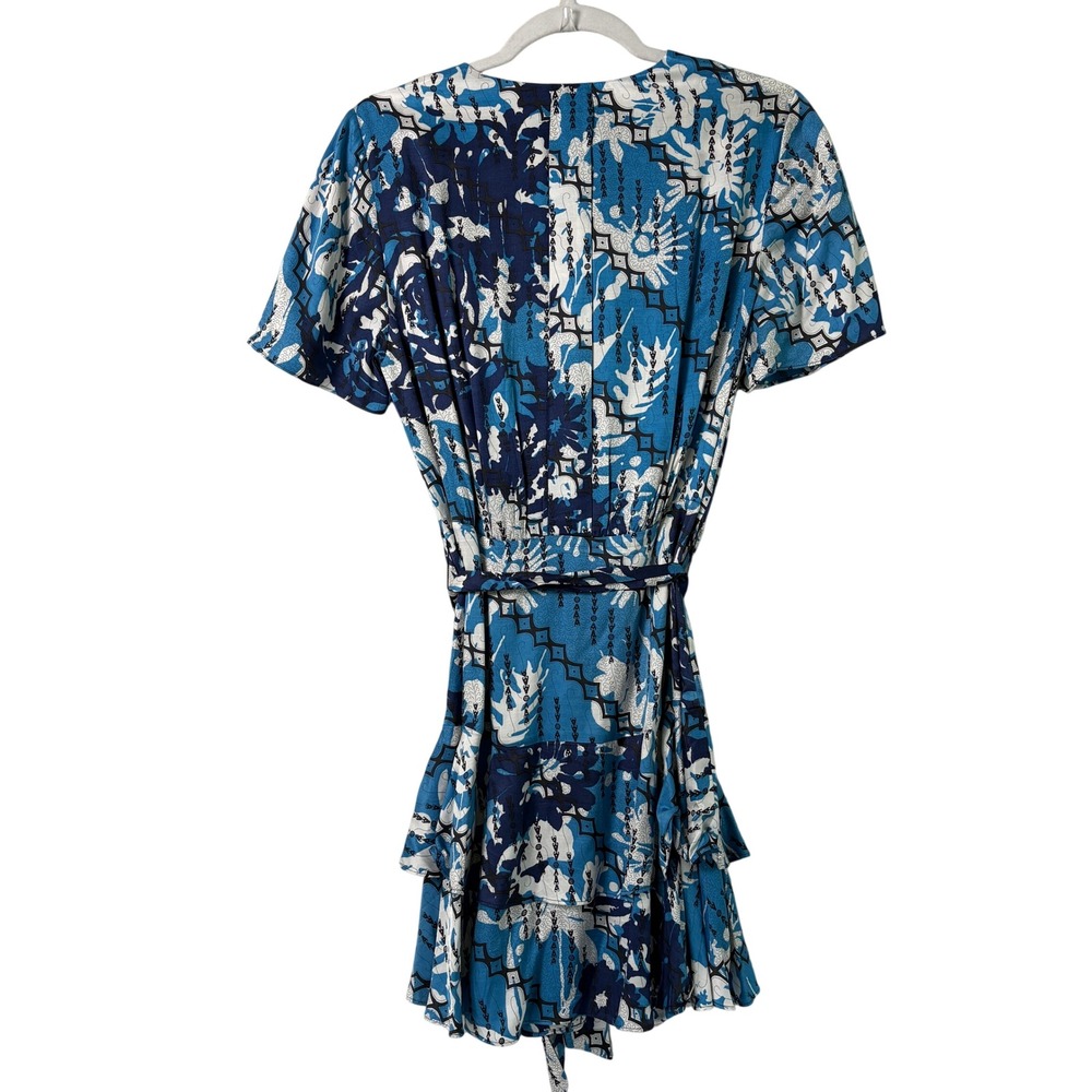 Reiss Posey Mini Dress Size US 6 Blue White Ditsy Print Ruffle Tie Waist V Neck